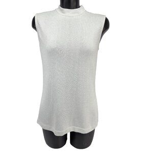 ST. JOHN Basics Knitted Heritage Sparkly Mock Neck White Sleeveless Top sz L